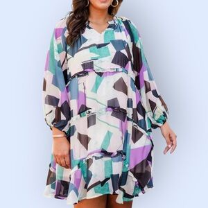 Entro Boutique Abstract Tiered Chiffon Balloon Sleeve Dress Women’s L Multi NWT